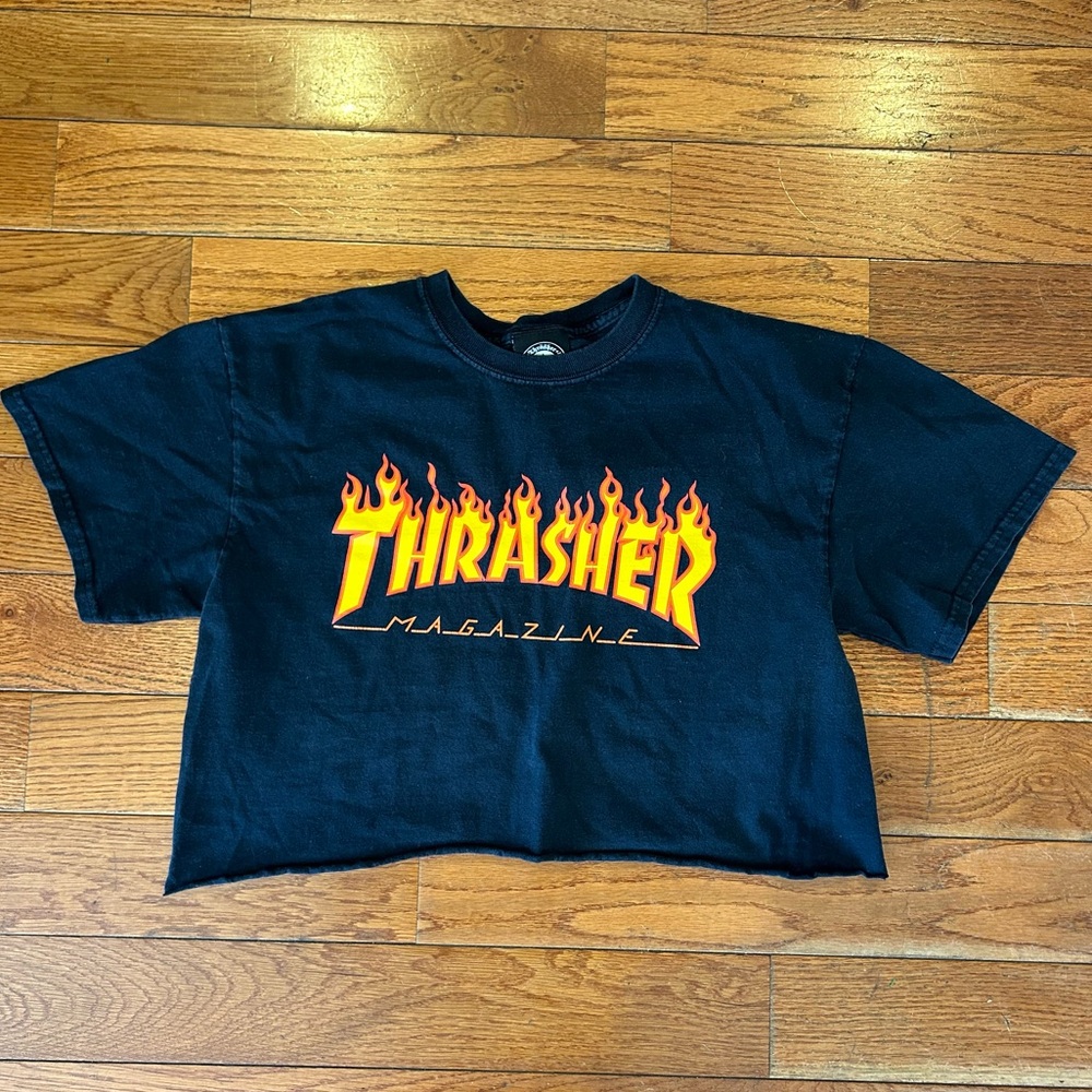 y2k Thrasher Magazine Crop Top Shirt Skateboard Black Medium